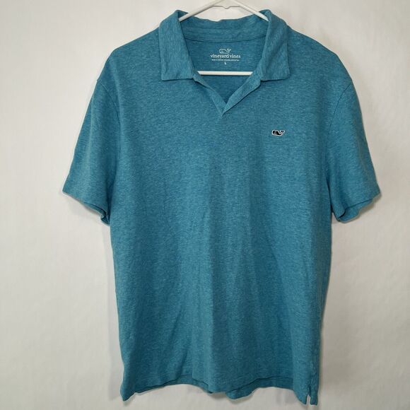 Vineyard Vines V Neck Linen Blend Polo Shirt Mens Size Large Teal Blue Short Slv - Picture 1 of 9